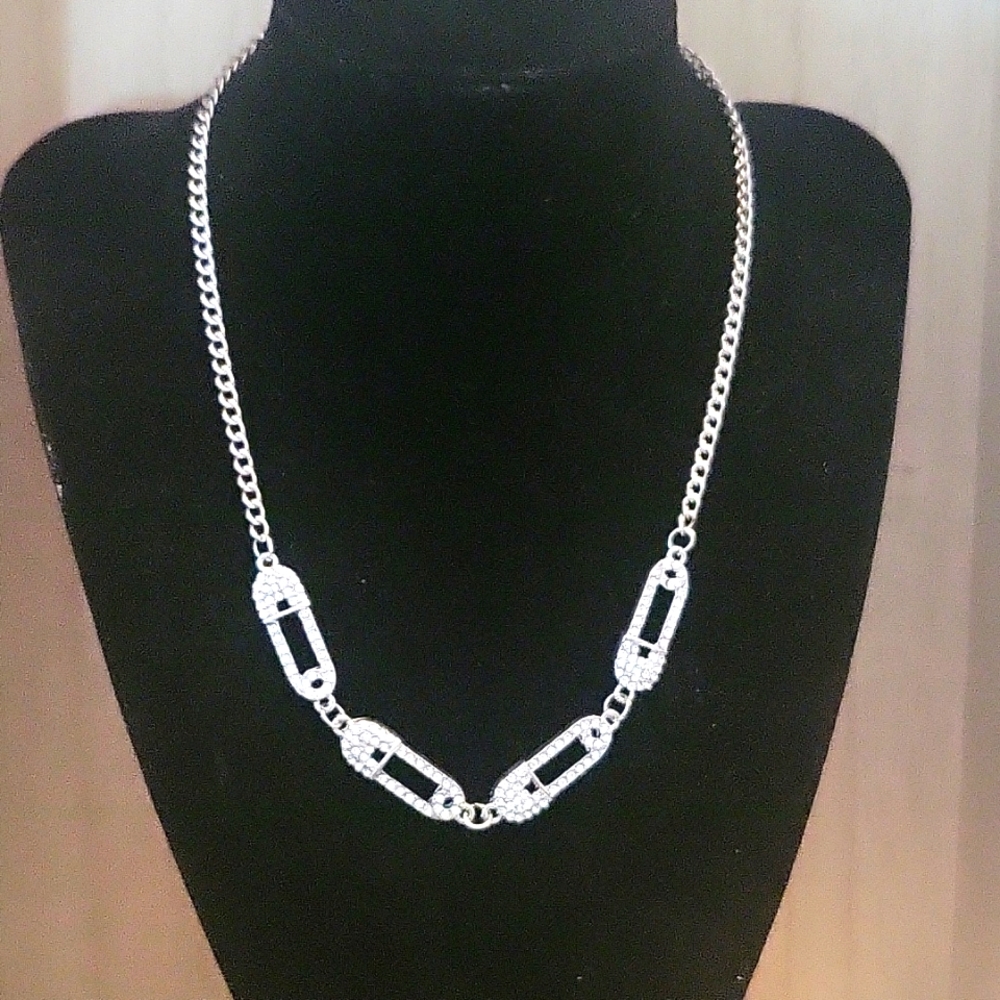 NWT Sterling Silver & crystal safety pin design necklace